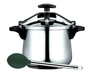 Fagor Bombe classique en acier inoxydable 18/10 10 pour tous types de cuisinières, fond thermodiffuseur, 3 systèmes de sécurité, avec cuillère Melier en nylon