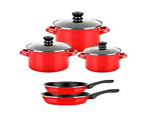 Fagor Optimax Lot de 8 casseroles à induction avec 3 casseroles de 18 à 20 à 24 cm, 3 couvercles en verre, 2 poêles de 20 à 24 cm, en acier émaillé, revêtement antiadhésif sans PFOA, convient pour