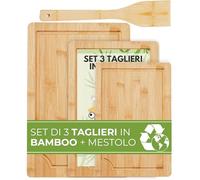 FAH Lot de 3 planches à découper en bambou de cuisine professionnelle avec louche de cuisine - bois naturel antibactérien idéal pour couper la viande, le fromage, le pain, l'apéritif