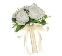Fahoujs Bouquet de mariée blanche à la main - Accessoires de photo de roses artificielles - Pour fête de mariage - Perles de demoiselle d'honneur embellies