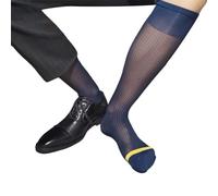 Fahoujs Hommes Costume d'affaires Chaussettes en nylon doux Minces par la soie sur le veau Bas hauts Chaussettes élégantes Apparence, Lignes dorées et bleu marine, taille unique