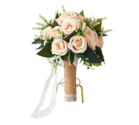 Fahoujs Réalistes Bouquet de roses blanches artificielles Bouquet de mariée Ruban en soie Décoration pour séance photo Église de mariage Fleurs faites à la main, champagne, taille unique