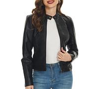 Fahsyee Veste de moto en similicuir noir pour femme, noir profond, Small