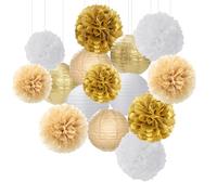 FAINCA 15 Pièces Pompons Deko à Suspendre Lanterne Papier 20 cm 25 cm Deco Mariage Champetre Deco Anniversaire Pompons Papier de Soie pour Mariages Remises Diplômes Anniversaires (Blanc Or Kaki)