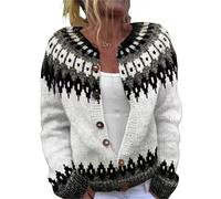 Fair Isle Cardigan à manches longues et col en V boutonné pour femme, blanc, 3XL-6XL