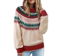 Fair Isle Pull à manches longues et col rond pour femme, beige, Taille L