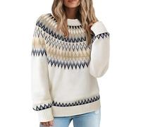 Fair Isle Pull à manches longues et col rond pour femme, blanc, Taille M
