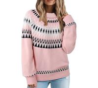 Fair Isle Pull à manches longues et col rond pour femme, rose, Taille L