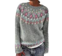 Fair Isle Pull à manches longues pour femme, pull tricoté chaud et décontracté imprimé en tricot à col rond pour femme, pull d'hiver à manches longues, léger et doux, gris, 3XL