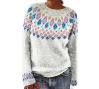 Fair Isle Pull à manches longues pour femme, pull tricoté chaud et décontracté imprimé en tricot à col rond pour femme, pull d'hiver à manches longues, léger et doux, blanc, L