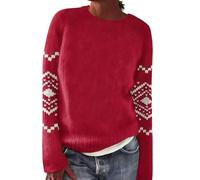 Fair Isle Pull en tricot bohème rétro pour femme - Automne et hiver - Manches longues - Léger - Ample - Col rond, Rouge, 3XL