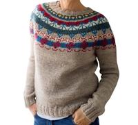 Fair Isle Pull pour femme à col rond en polaire chaude à manches longues - Pull ample et confortable - Pull décontracté surdimensionné - Tricot nordique doux pour l'hiver, bordeaux, XL