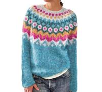 Fair Isle Pull pour femme à col rond en polaire chaude à manches longues - Pull ample et confortable - Pull décontracté surdimensionné - Tricot nordique doux pour l'hiver, bleu, S