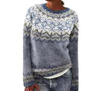 Fair Isle Pull pour femme à col rond en polaire chaude à manches longues - Pull ample et confortable - Pull décontracté surdimensionné - Tricot nordique doux pour l'hiver, gris, XL