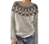 Fair Isle Pull pour femme à col rond en polaire chaude à manches longues - Pull ample et confortable - Pull décontracté surdimensionné - Tricot nordique doux pour l'hiver, café, L