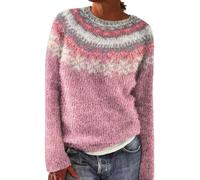 Fair Isle Pull pour femme à col rond en polaire chaude à manches longues - Pull ample et confortable - Pull décontracté surdimensionné - Tricot nordique doux pour l'hiver, rose, L