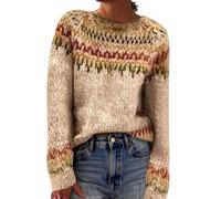 Fair Isle Pull pour femme à manches longues élégant et léger col rond en laine douce chaude chic en tricot nordique Fairisle Pull de Noël pour femme, kaki, L