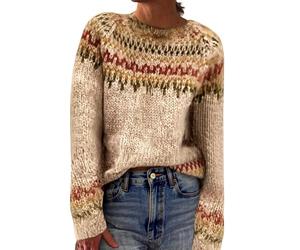 Fair Isle Pull pour femme à manches longues élégant et léger col rond en laine douce chaude chic en tricot nordique Fairisle Pull de Noël pour femme, kaki, L