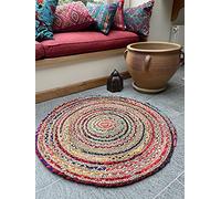 Fair Trade 60cm Round Braided Rag Rug Cotton Jute Multi Coloured Chindi Mat by Second Nature Online
