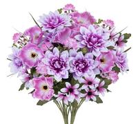 Fairblo 2 Bouquet de Fleurs Artificielles Violette Fausse Fleur en Soie Fleurs Artificielles Deco Dahlia Marguerite Coquelicot Artificiel Lila pour Vase Centre de Table Jardin