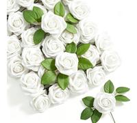 Fairblo 30 Pièces Fleurs Artificielles Rose Blanc avec Tige et 6 Feuilles | Fausse Fleur en Mousse Tête de Fleur Artificielle Fausse Rose Décoration de Mariage Gâteau Saint Valentin Fêtes DIY