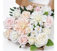 Fairblo Fleurs Artificielles Deco Mariage Grosse Tête de Fleur 6-14 cm Rose | Rose Dahlia Pivoine Artificielle avec Tige et Feuille Fausse Fleurs en Soie DIY Bouquet Decoration Gateau Fêtes