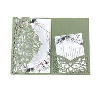 Faire-part De Mariage Kit de 50 cartes d'invitation de mariage à trois volets découpées au laser, feuilles vertes et bleu marine, pochette d'invitation personnalisée(Sage green vintage,Laser cover onl