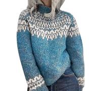 Fairisle Pull nordique à manches longues pour femme - Pull d'hiver chaud pour femme - Pull ample à col rond - Pull léger en tricot doux et confortable pour femme, bleu clair, 4XL