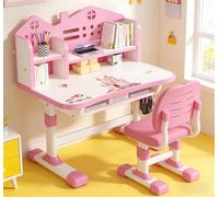 Fairnull Ensemble Bureau et Chaise pour Enfants avec Hauteur Ajustable, Fille 3-12 Ans Table Design Château Rose, Tiroir de Rangement et Porte-Livres