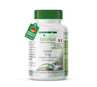 fairvital Comprimés de cuivre 2mg, HAUTEMENT DOSÉS, complément alimentaire à base de bisglycinate de cuivre, végétalien, 100 comprimés, faciles à avaler