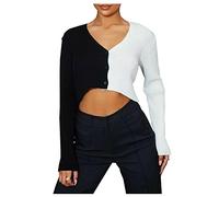 FAIRY BOUTIQUE Cardigan court à manches longues à 3 boutons pour femme Col en V Bicolore, noir/blanc, 36-38