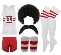FAIRY BOUTIQUE Déguisement 118 pour homme et femme avec gilet, short, perruque afro, attache, chaussettes et bracelet, ensemble de tenue rétro de marathon (unisexe-118-ensemble de 6 pièces, taille S)