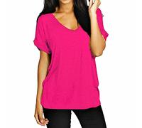 FAIRY BOUTIQUE T-shirt ample à manches retroussables et col en V pour femme - Grande taille, fuchsia, 44-46