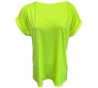 FAIRY BOUTIQUE T-shirt surdimensionné à manches retroussées et col en V pour femme, jaune fluo, 36-38