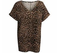 FAIRY BOUTIQUE T-shirt surdimensionné à manches retroussées et col en V pour femme, Motif léopard Marron, 36-38
