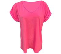 FAIRY BOUTIQUE T-shirt surdimensionné à manches retroussées et col en V pour femme, rose fluorescent, 40-42