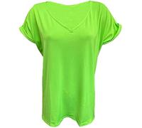 FAIRY BOUTIQUE T-shirt surdimensionné à manches retroussées et col en V pour femme, vert fluorescent, 44-46