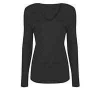 FAIRY BOUTIQUE T-shirt uni extensible à manches longues et col en V pour femme, Noir , 44-46