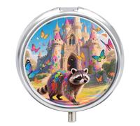 Fairy Castle Pilulier rond en forme de raton laveur, 3 compartiments, organiseur de médicaments décoratif portable pour poche ou sac à main, organiseur de vitamines