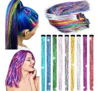 FAIRY COLOR 9PCS Girls Hair Accessories Party Highlights Colorful Clip in Synthetic Hair Extensions,Straight Long Hairpiece (Rainbow Color)