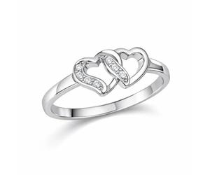FAIRY COUPLE Bague double cœur pour femme plaqué or blanc 18 carats CZ Love Band Romantique Promesse cadeau pour petite amie délicat cœur entrelacé bijoux R344, Plaqué or blanc, Zircone cubique