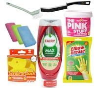 Fairy Max Power Liquide vaisselle parfumé 640 ml avec brosse à vaisselle, éponge de canard, gants en caoutchouc pour graisse des coudes et brosse de nettoyage pour crevasses Rose 850 g et chiffons en