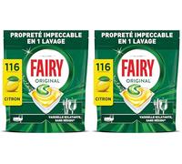 Fairy Original Tablettes Lave-Vaisselle Tout-en-1, 116 Tablettes, Parfum Citron, Efficaces Contre La Graisse Incrustée, Dissolution Ultra-Rapide, Sans Odeur ni Résidus (Lot de 2)