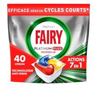 Fairy Platinum Plus Tablettes Lave-Vaisselle All In One Technologie Anti-Terne, Citron, 40 Capsules, Nettoyage Optimal Pour Une Vaisselle Propre Comme Neuve, Redonne De L’Éclat Et Prévient Le Calcaire