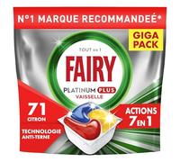 Fairy Platinum Plus Tablettes Lave-Vaisselle Tout En 1 Citron, 71 Capsules, Technologie Anti-terne, Redonne l'Éclat, Prévient le Calcaire, Efficace en Cycles Courts