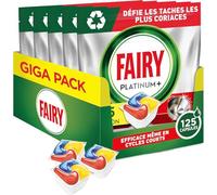 Fairy Platinum Plus Tablettes Lave-Vaisselle Tout En 1 Citron, Pack Familial 125 Capsules (5x25), Technologie Anti-terne, Redonne l'Éclat d'Origine, Efficace en Cycles Courts, Prévient Le Calcaire
