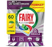 Fairy Platinum Plus Tout En 1, 30 Minutes Miracle Tablettes Lave-Vaisselle, Notre Nettoyant N° 1 Pour Les Résidus Alimentaires Tenaces, Lave-Vaisselle, 60X