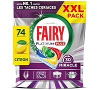 Fairy Platinum Plus Tablettes Lave-Vaisselle Tout-en-1, Miracle 30 Minutes, 74 Tablettes, Notre Nettoyant n°1 Pour Les Résidus Alimentaires Tenaces