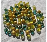 FAIRY TAIL & GLITZER FEE Lot de 100 billes multicolores en verre - Mélange doré et vert - 16 mm - Grand jeu de billes - Décoration