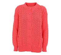 FAIRY TRENDZ Cardigan Aran à col rond en tricot torsadé à manches longues pour femme avec 7 boutons et 2 poches, corail, 48-50